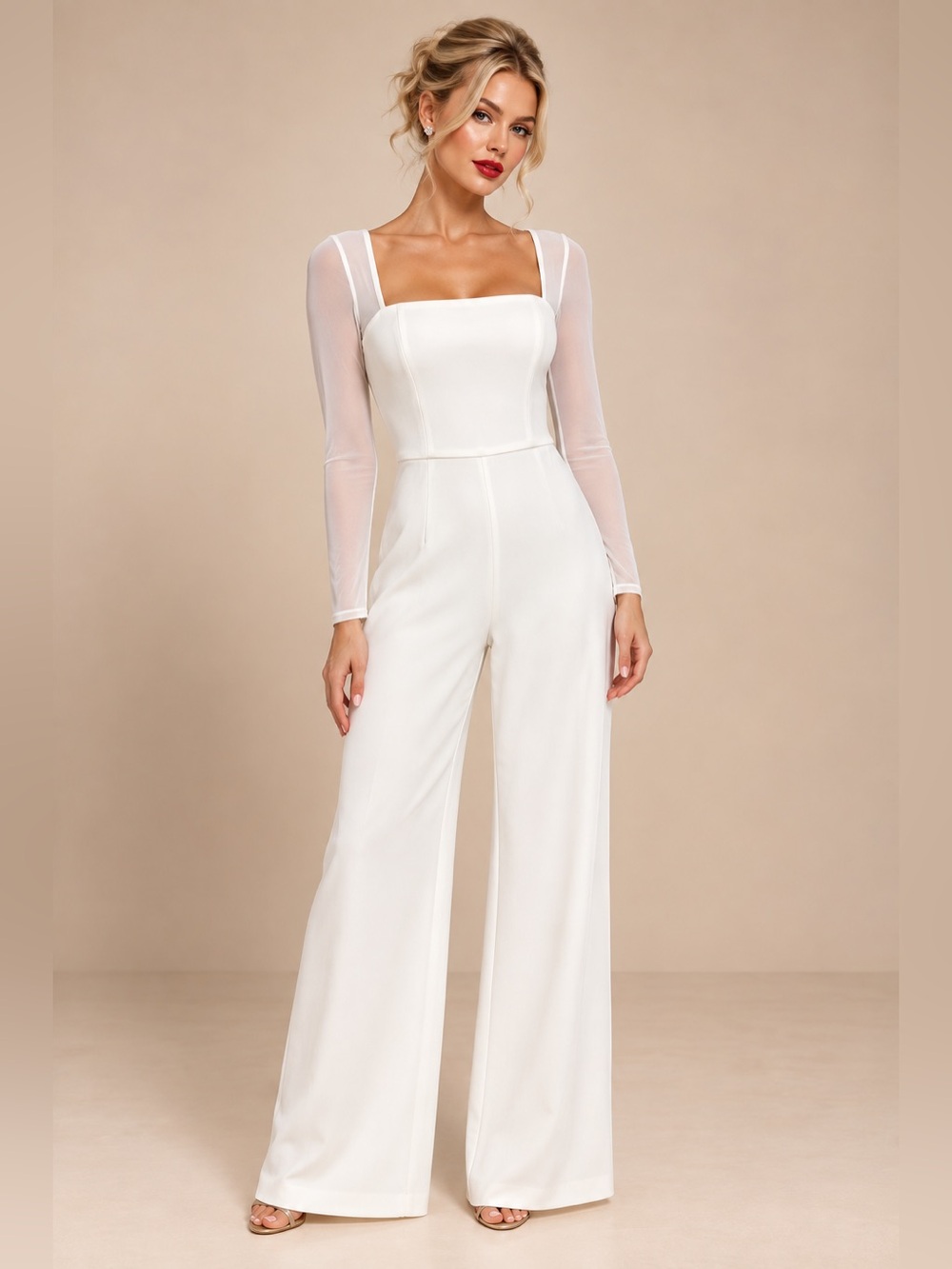 NWT-Lovingly Yours White Mesh Long Sleeve Jumpsuit